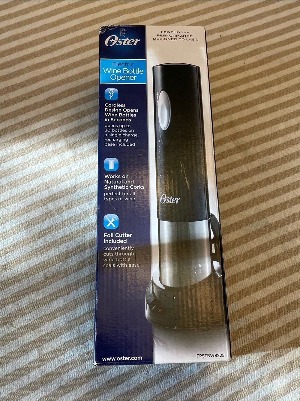 Oster Electric Wine Opener in Black and Blue Packaging